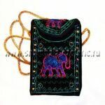 Этническая сумочка для телефона Голубой слон 2, h=13 см вышивка, биссер, hand made Индия